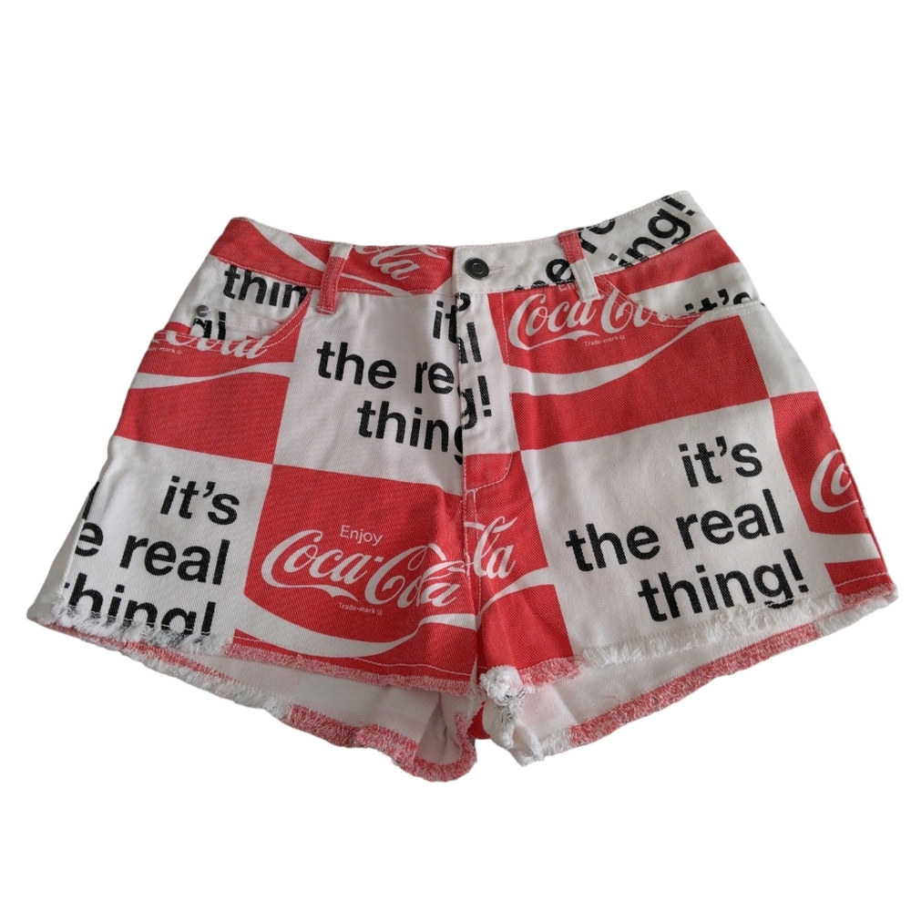 NWOT Coca Cola Small Logo Slogan Check Print Distressed Hem Jean Shorts
